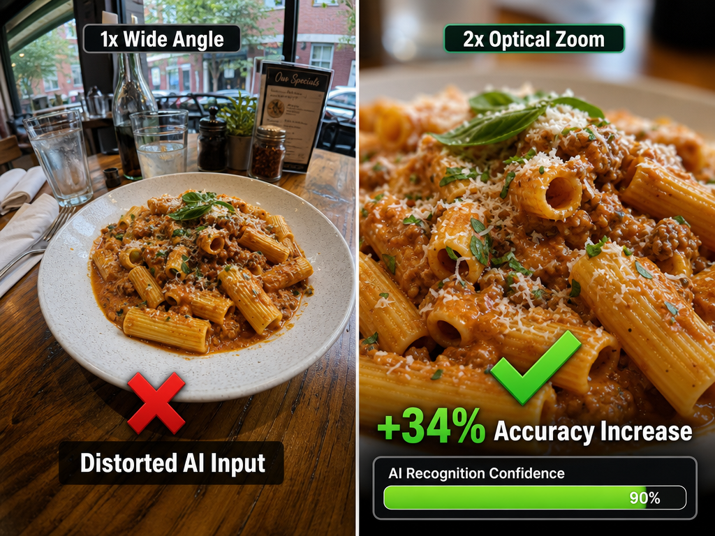 Comparison of 1x wide-angle versus 2x zoom for food photos, highlighting a 34% increase in AI recognition accuracy.