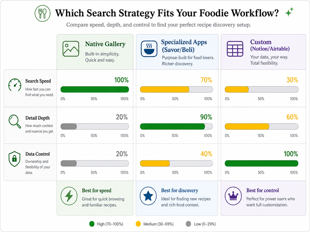 Comparison matrix of food photo organization methods: Native Gallery, Specialized Apps, and Custom Databases like Notion.