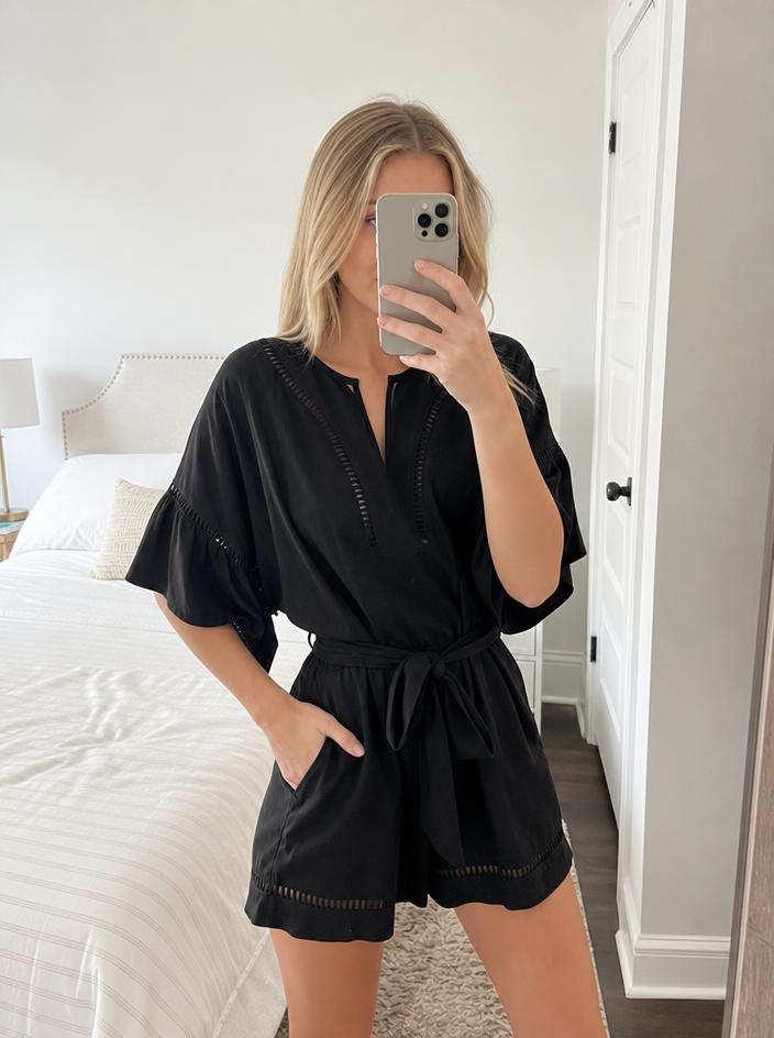 Black Wide-Leg Jumpsuit with Tie Waist & Cutwork Detail