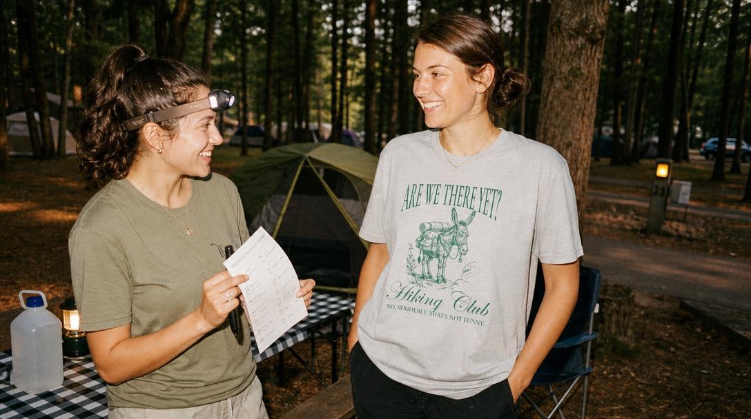 Nervous beginner camper setting up tent at dusk
