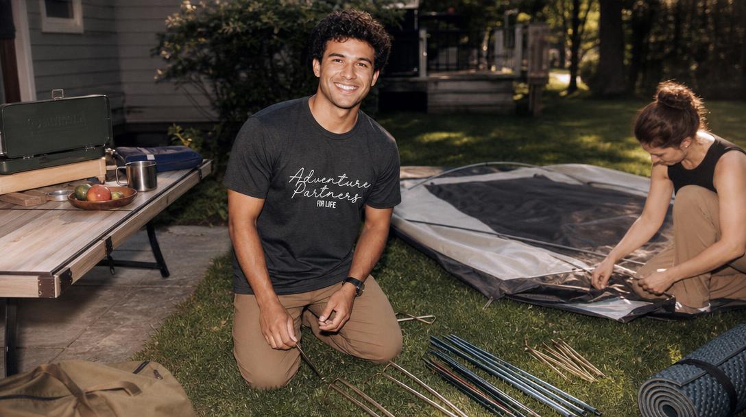 Beginner camper setting up a camp site