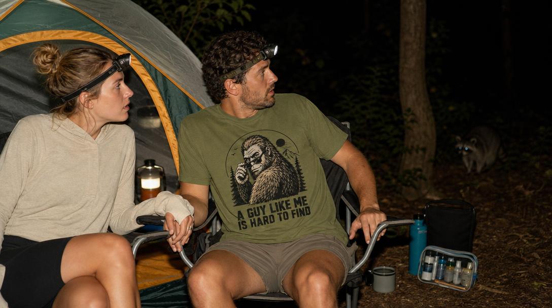 Nighttime camping scene with tent and forest shadows