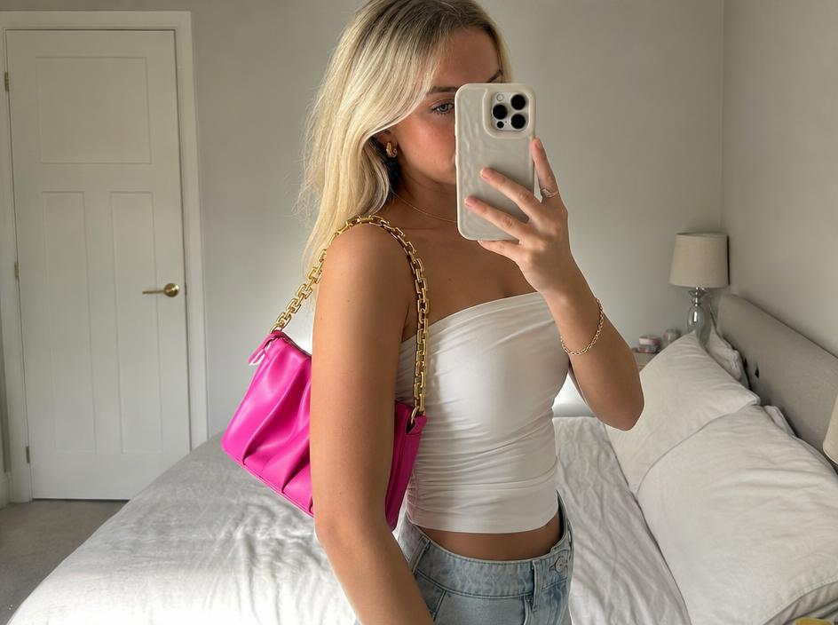 Hot Pink Quilted Shoulder Bag with Gold Chain - Very Good