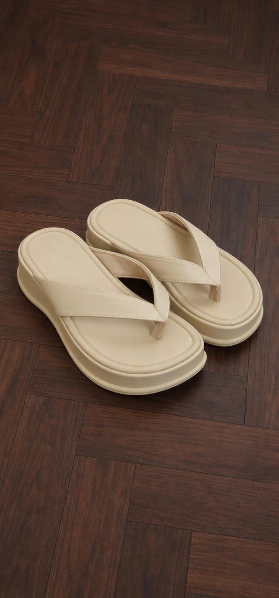 Cream Beige Wedge Flip Flop Sandals – Casual Summer Pair