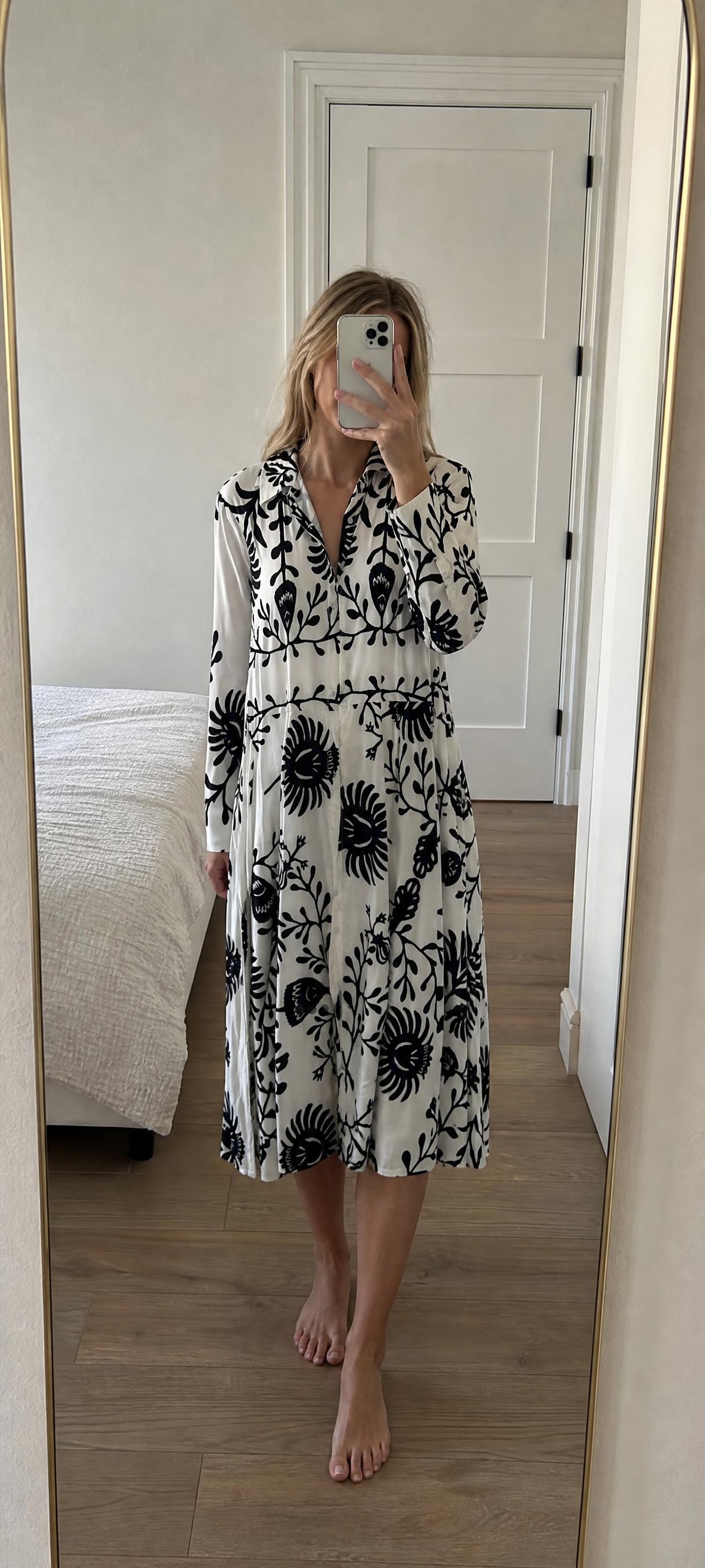 White & Black Botanical Print Long-Sleeve Shirt Dress