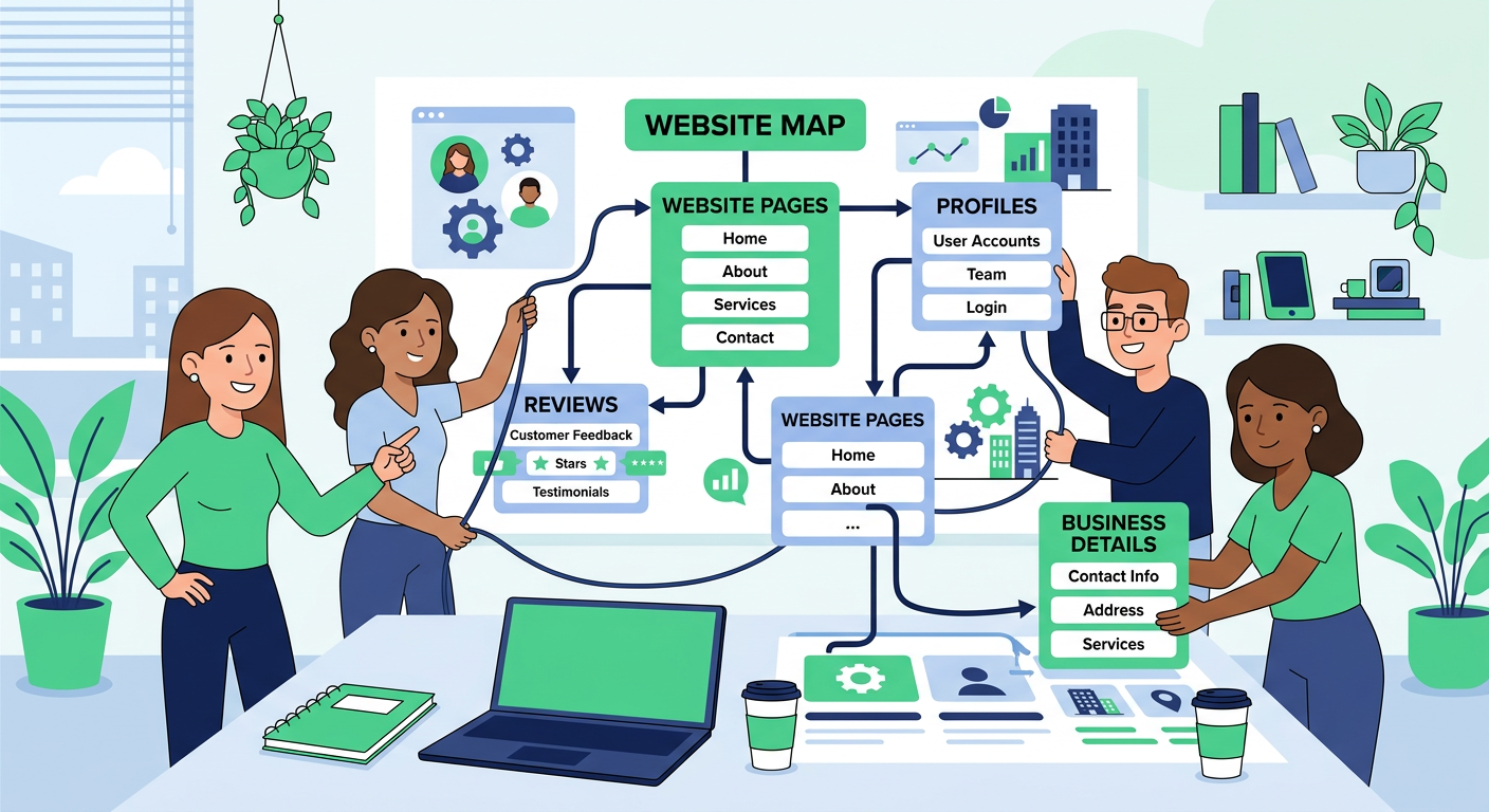 Playful flat cartoon illustration of friendly characters organizing website pages, reviews, profiles, and business details...