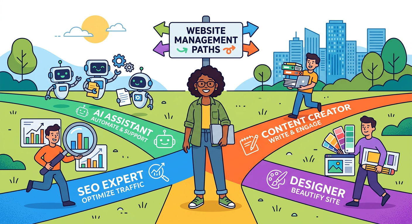 Playful flat cartoon illustration of a website owner standing at a crossroads with four colorful paths labeled by simple a...