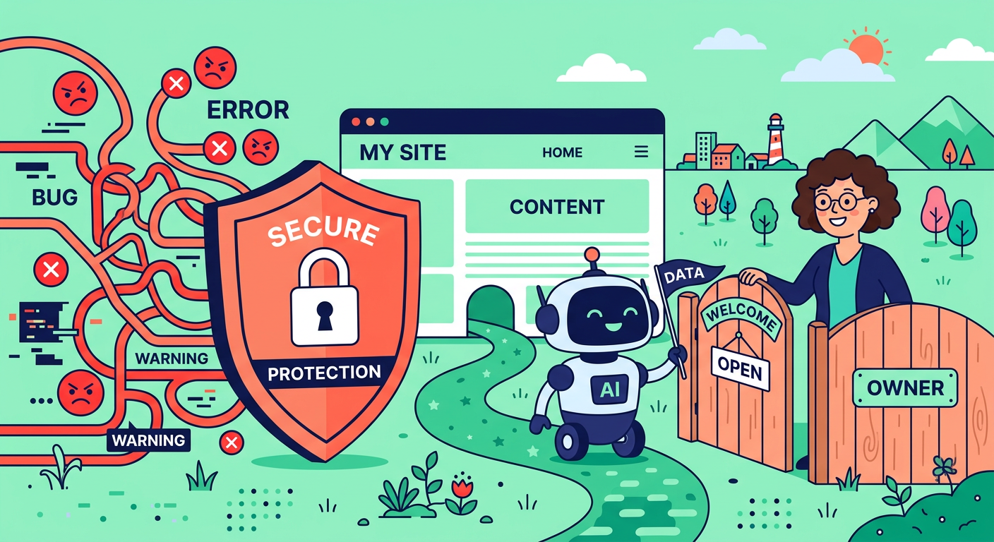 Playful flat cartoon illustration of a website owner opening a friendly gate for an AI robot, while a shield blocks error ...
