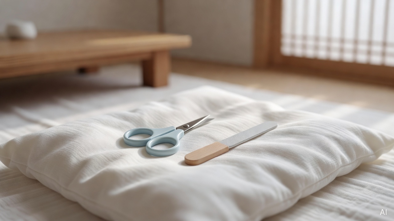 baby nail scissors and baby nail file placed on a soft white cloth