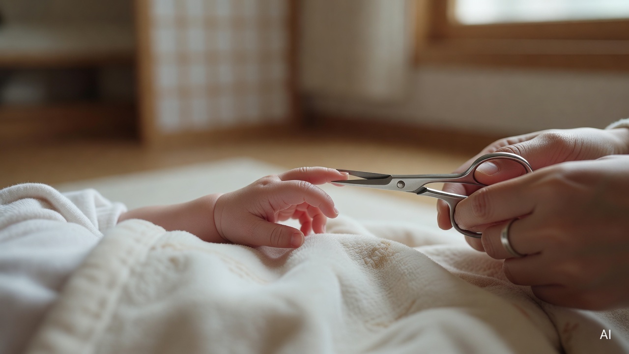 close-up of a small baby hand with nails being trimmed by nail scissors on a soft blanket