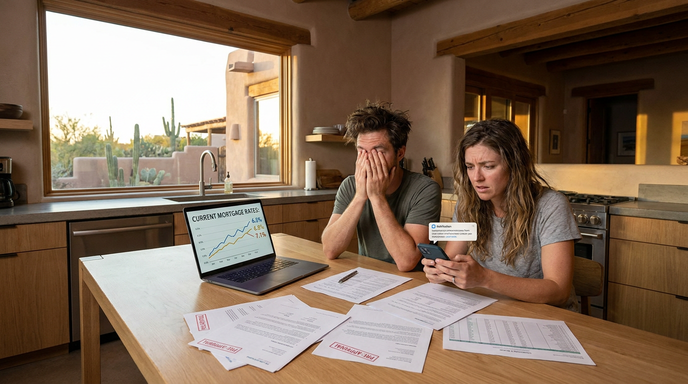 Stressed couple in their early 30s sitting at a kitchen table in a bright Southwestern-style home, l