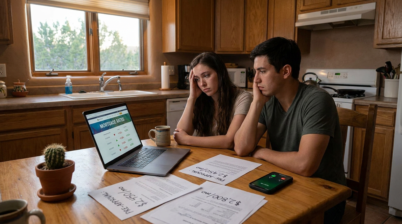 Stressed young couple sitting at a kitchen table in a modest Southwestern home, laptop open displayi