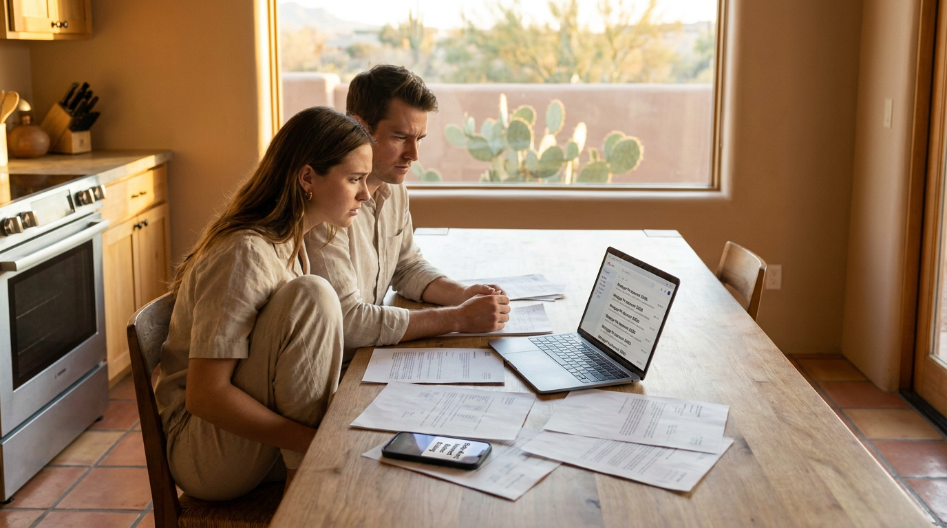 Young couple sitting at kitchen table in a Southwestern-style home, laptop open with mortgage pre‑ap