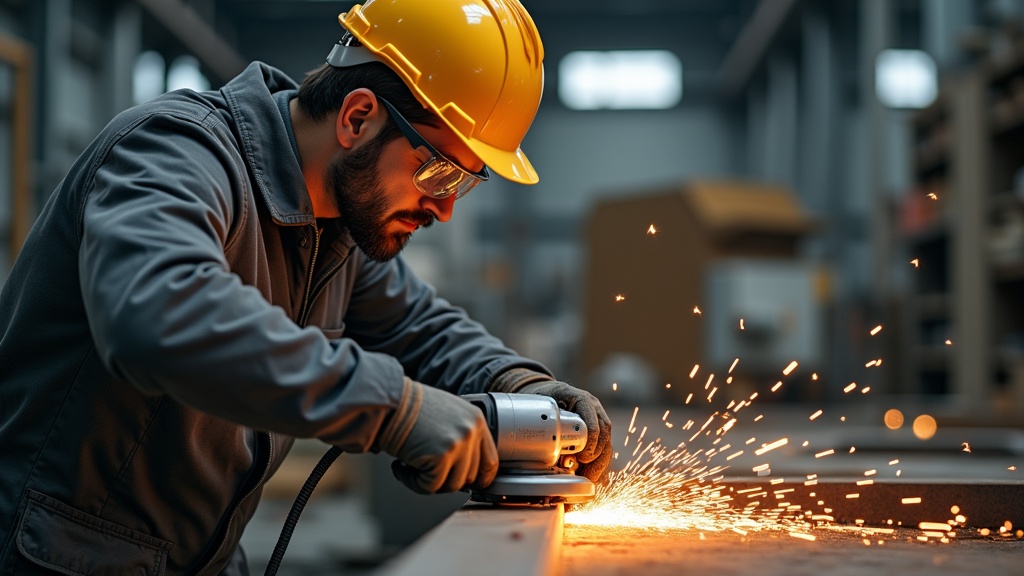 Trabajador usando esmeril con gafas de seguridad y pantalla facial encima