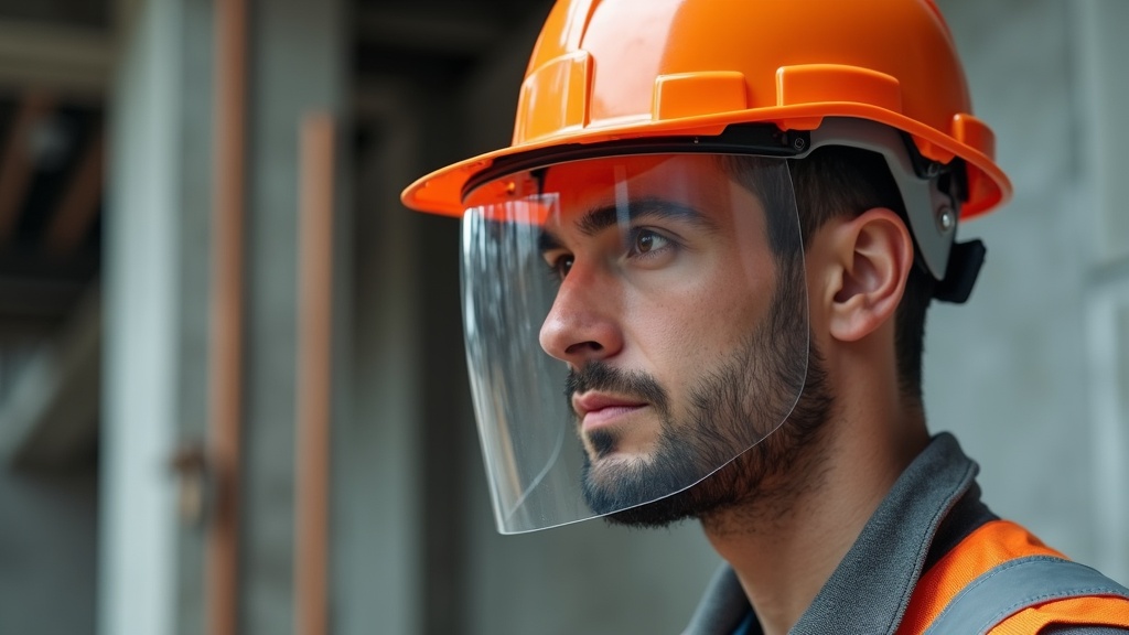 Trabajador bajando pantalla facial transparente sobre casco de seguridad