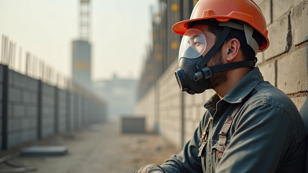 Trabajador de construcción con mascarilla respiratoria para polvo y químicos