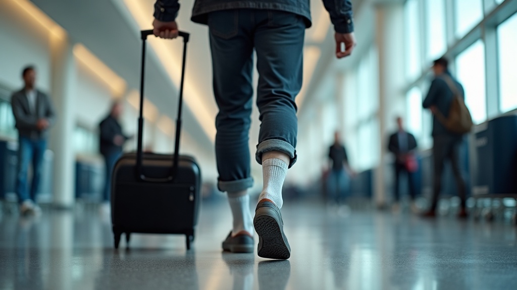 Traveler walking through airport terminal after long-haul flight wearing compression socks