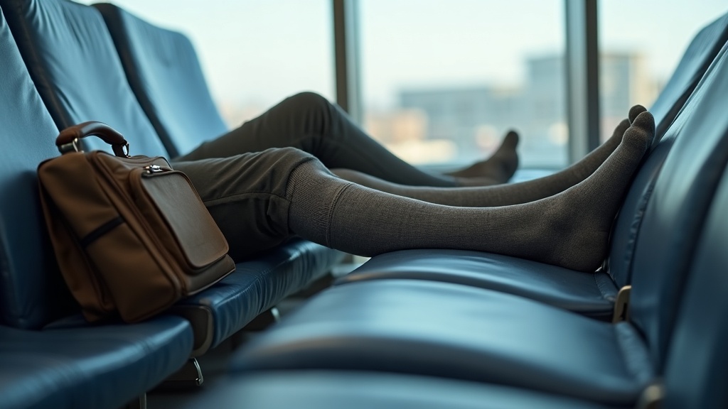 Traveler wearing compression socks after a long flight in airport terminal