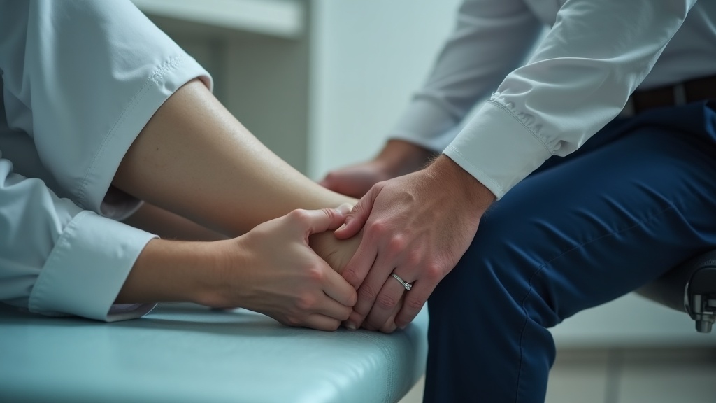 Doctor examining patient's leg for circulation issues before recommending compression socks