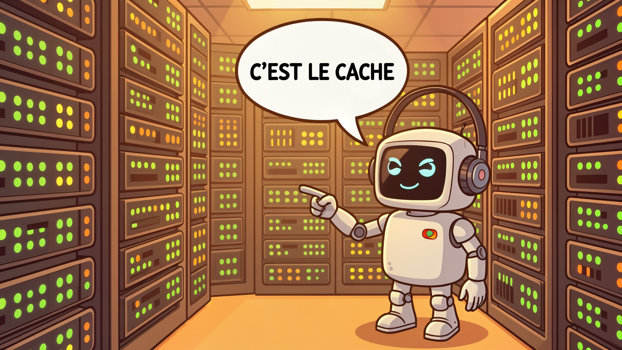 Robot sysadmin pointant fièrement vers des serveurs en disant 'c'est le cache'