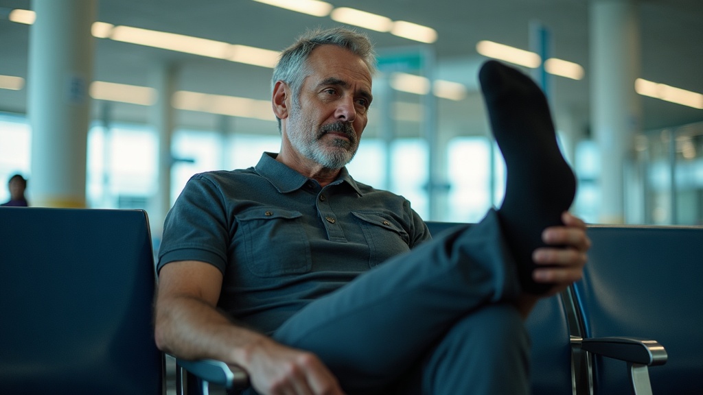 Traveler examining compression socks before a flight