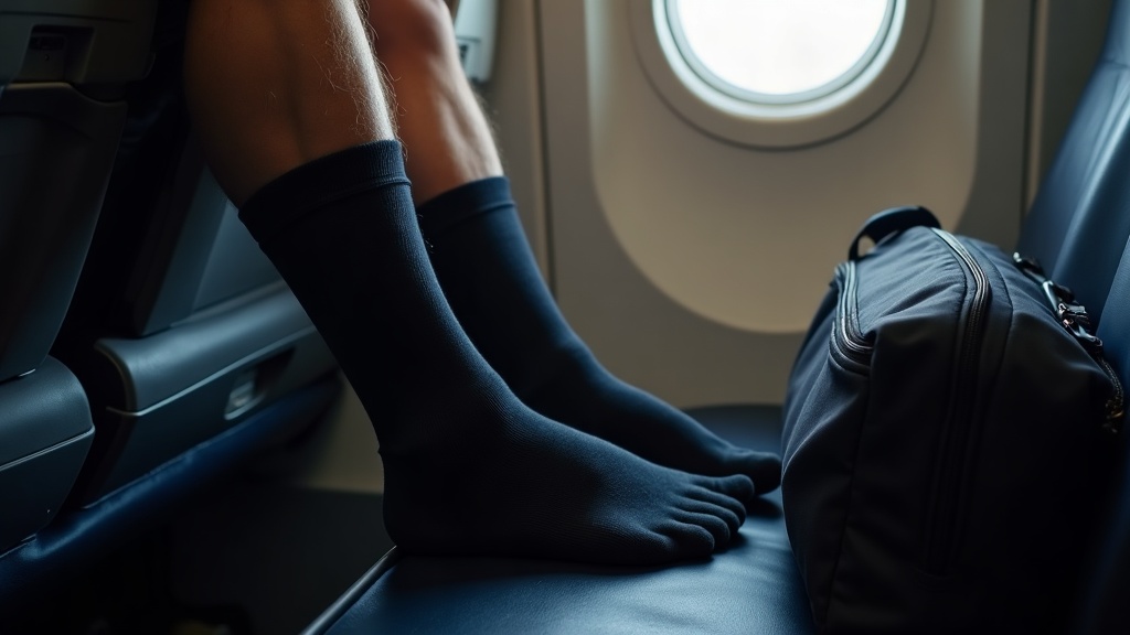 Man wearing flight socks in airplane seat
