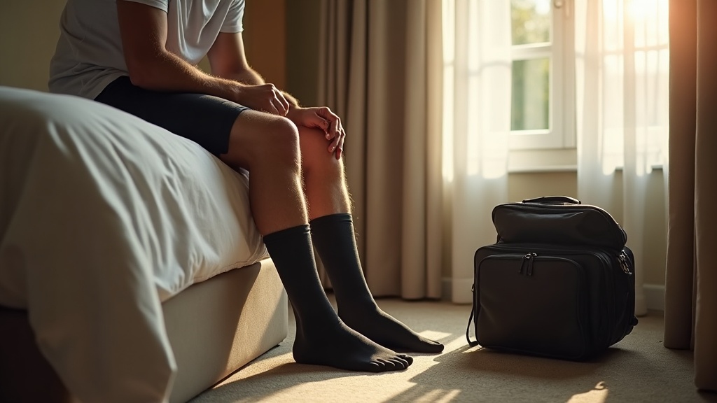 When to put on compression socks before a flight, man putting on compression socks in hotel room