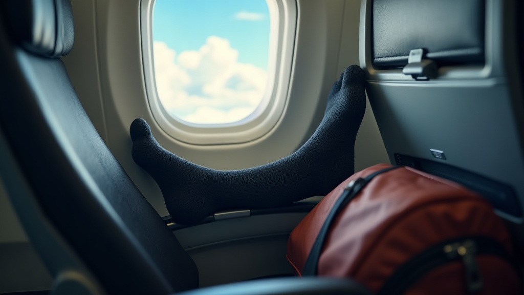 Best compression socks for flying, man wearing compression socks on airplane