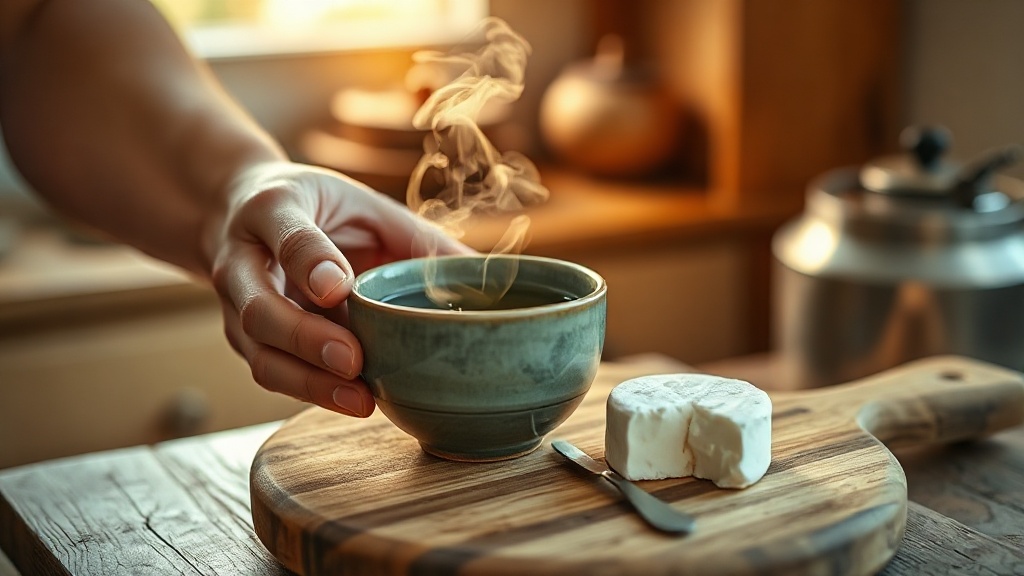 Accord thé vert et fromage de chèvre frais dans un bol en céramique