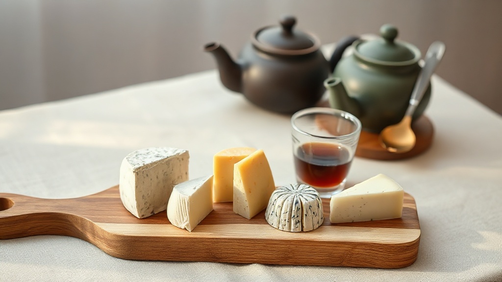 Plateau de dégustation accord thé et fromage avec plusieurs variétés de fromages et deux théières