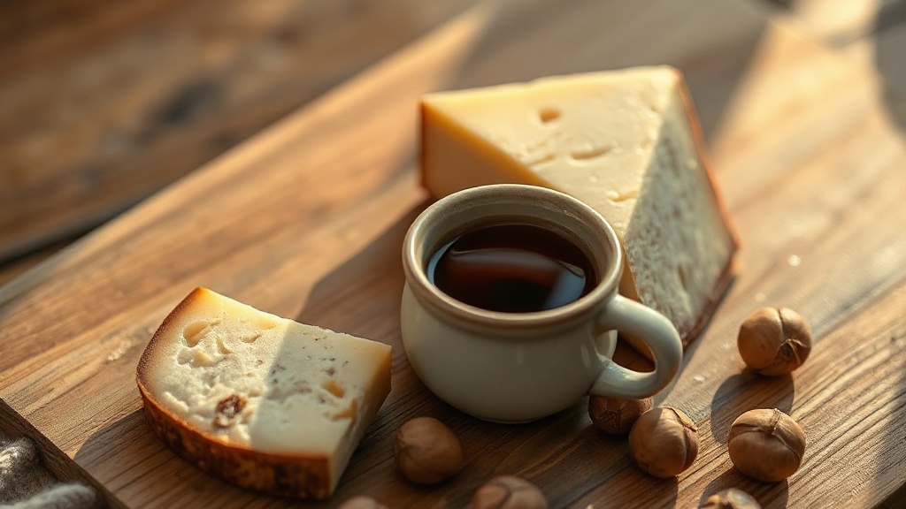 Tasse de thé oolong à côté d'une tranche de comté affiné sur planche en bois