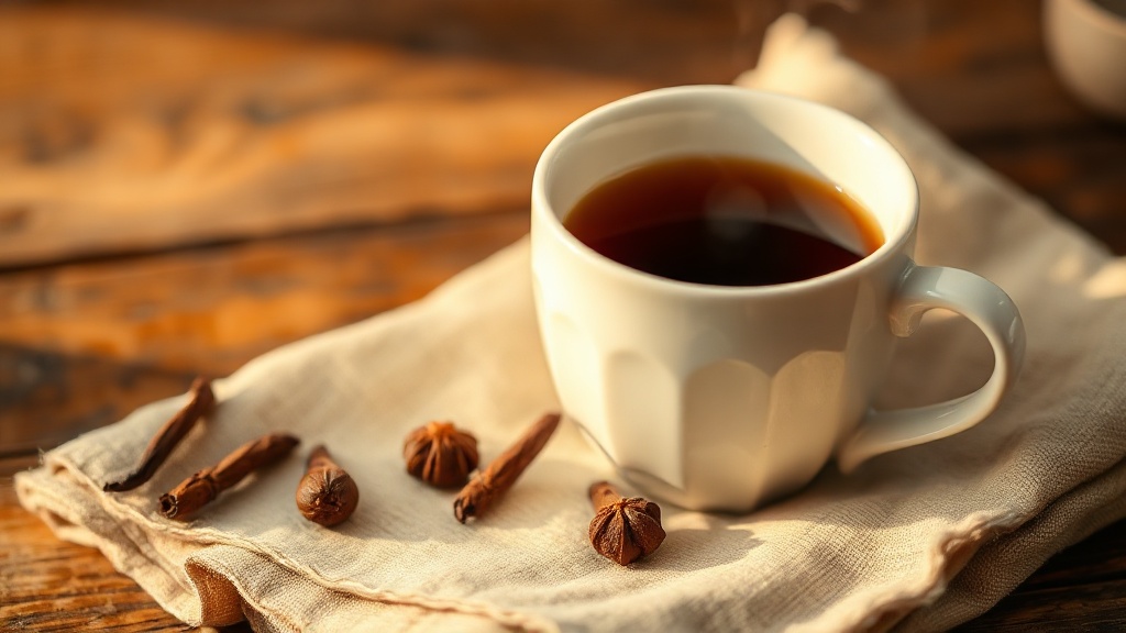 Tasse de tisane au clou de girofle avec des clous entiers posés à côté sur un tissu de lin