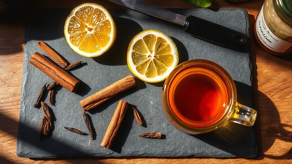 Ingrédients pour thé épicé au clou de girofle : gingembre frais, cannelle, citron et miel sur une ardoise