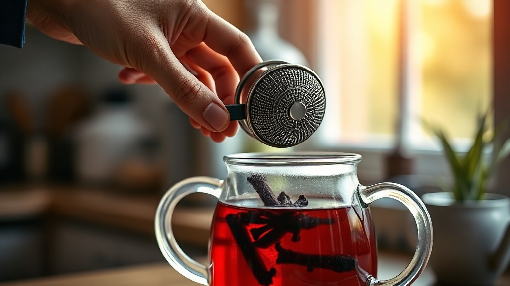 Main tenant une boule à thé inox au-dessus d'une théière en verre contenant une infusion de clou de girofle