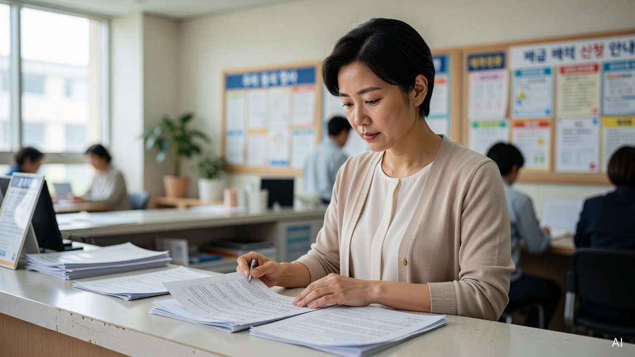 Korean woman in her 30s, short black hair, reviewing printed documents at a community center counter