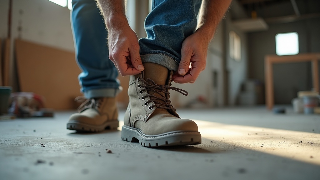 Putting on a heavy duty work sock with a steel toe boot