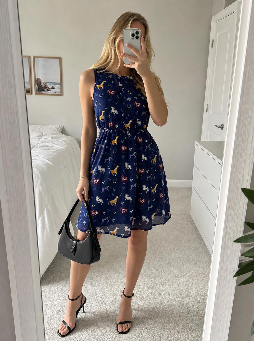Navy Horse Print Fit & Flare Dress – Very Good Condition