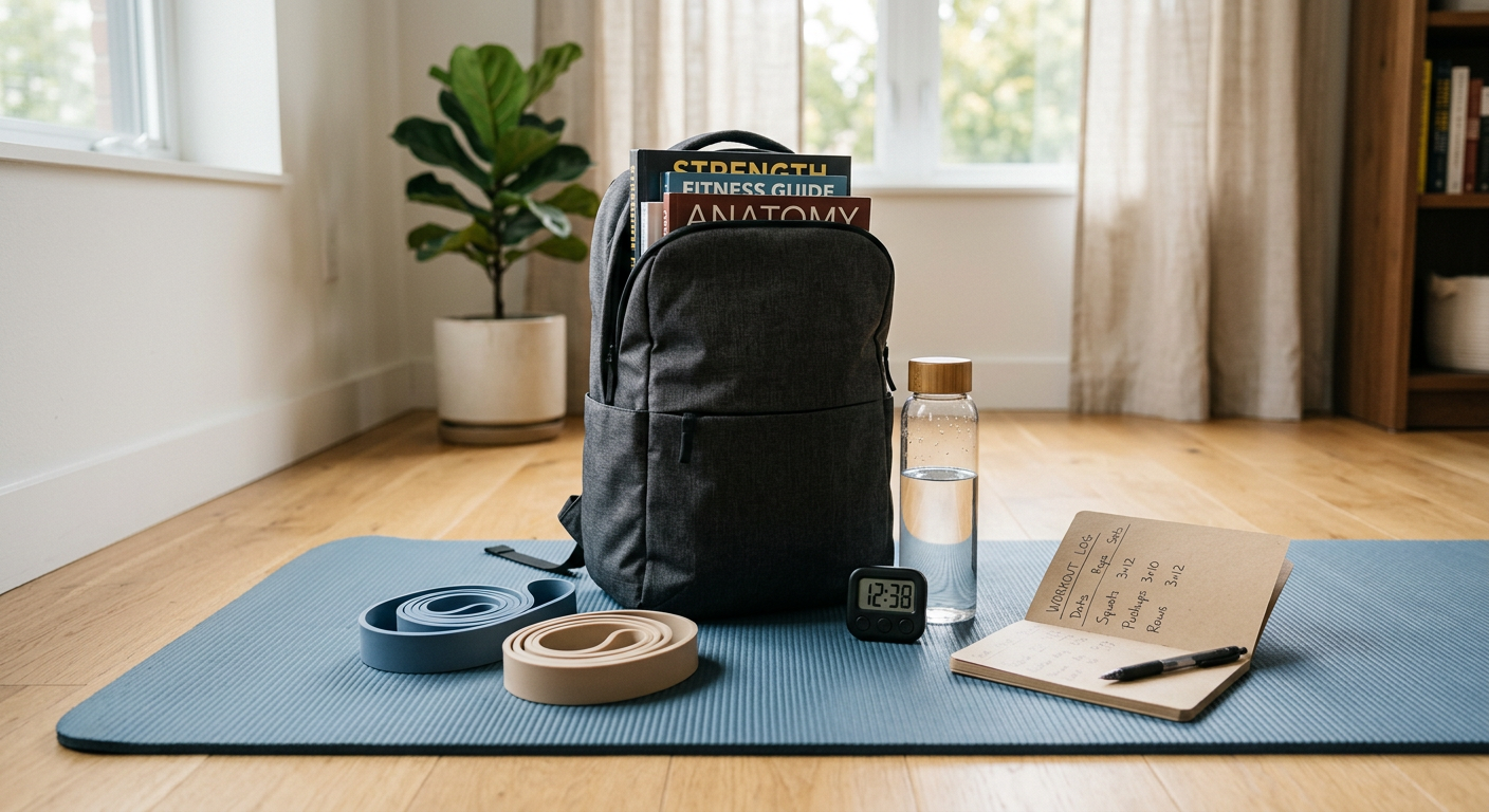 Photorealistic close-up of simple home strength equipment arranged on a clean exercise mat, including resistance bands, a ...