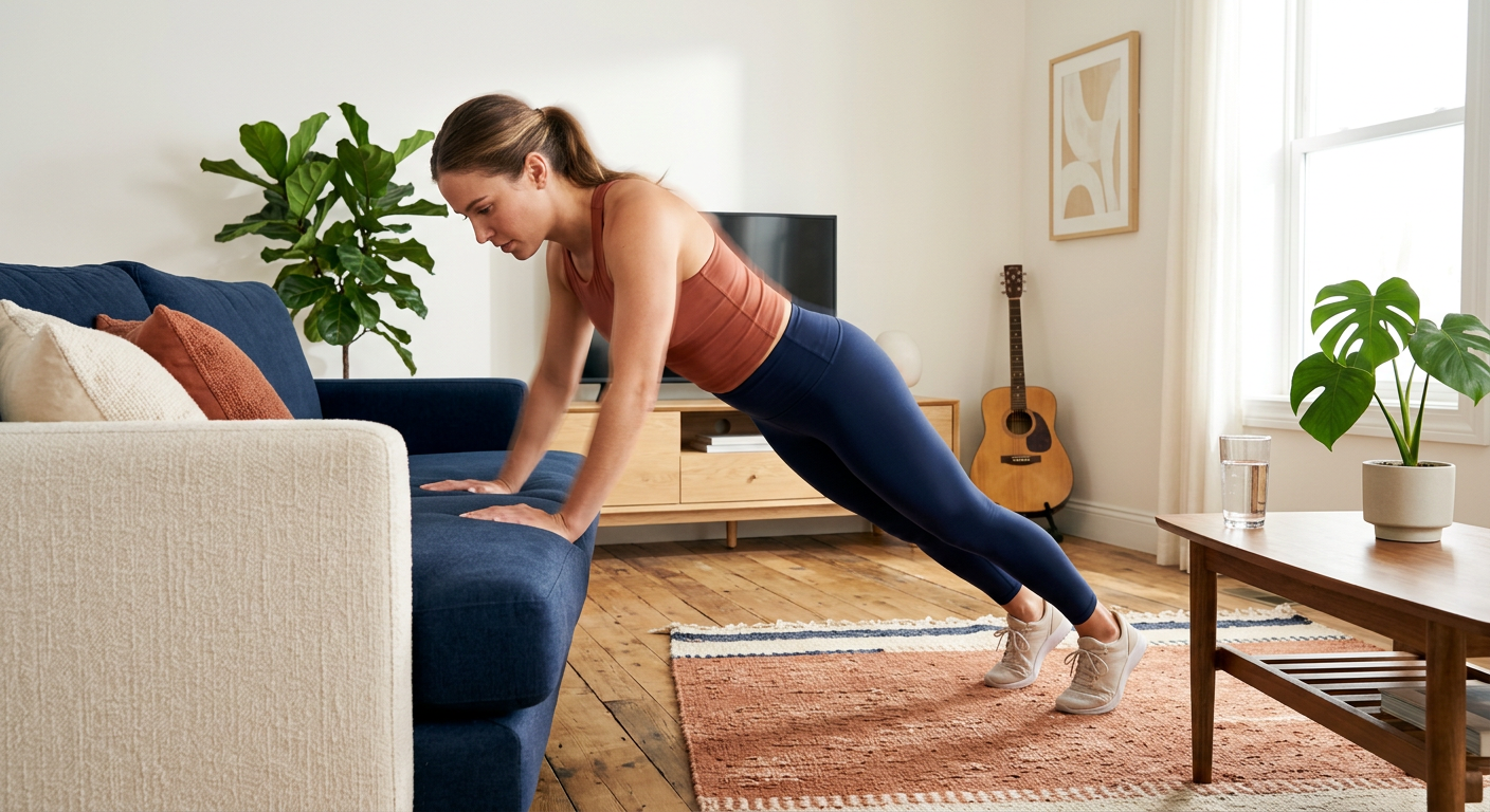 Modern realistic fitness illustration of a beginner following a full-body home workout, shown doing an incline push-up bes...