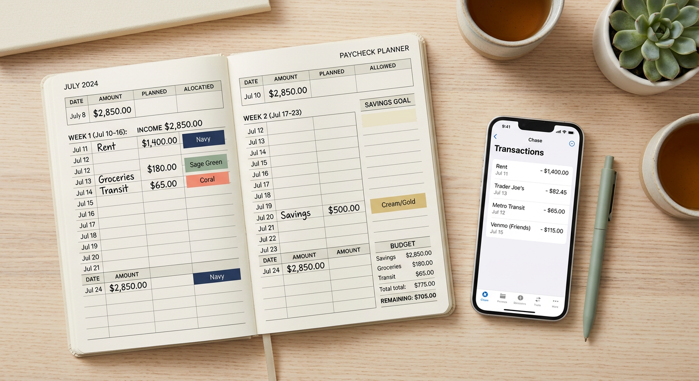 Clean modern illustration of a two-week paycheck calendar beside a phone showing banking transactions, with rent, grocerie...