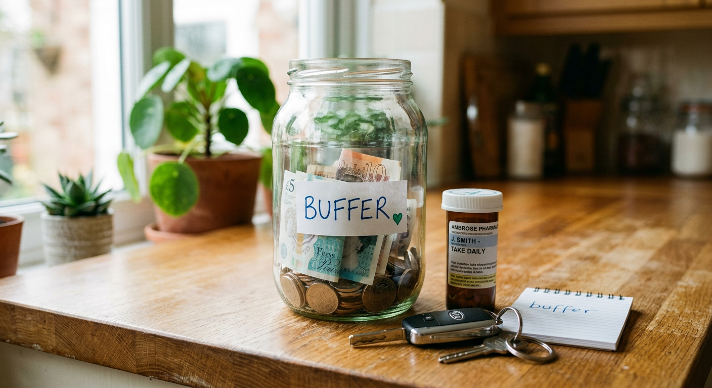 Photorealistic close-up of a clear glass savings jar holding a modest amount of cash beside a car key, prescription bottle...