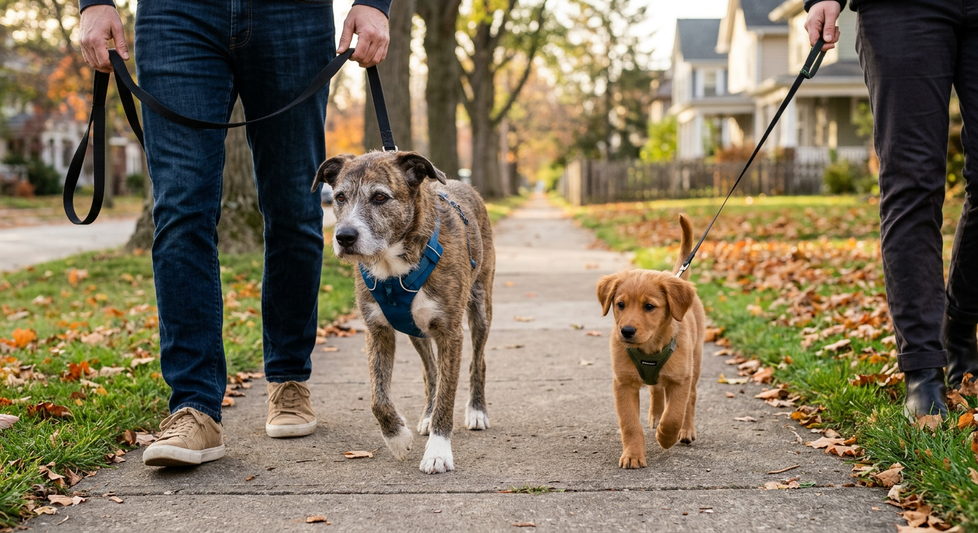 Photorealistic close-up of an older mixed-breed dog and a small puppy walking calmly side by side on separate leashes in a...
