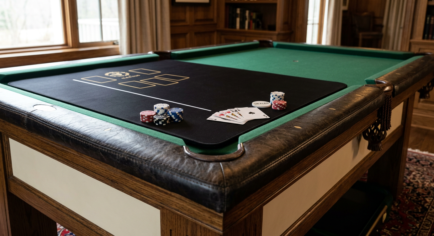 Pool Table With Removable Neoprene Poker Overlay Benefits Explained | Luxury Custom Pool Tables | Brilliant Billiards Photorealistic close-up architectural interior photograph of a refined rectangular six-pocket pool table, showing a thin b...
