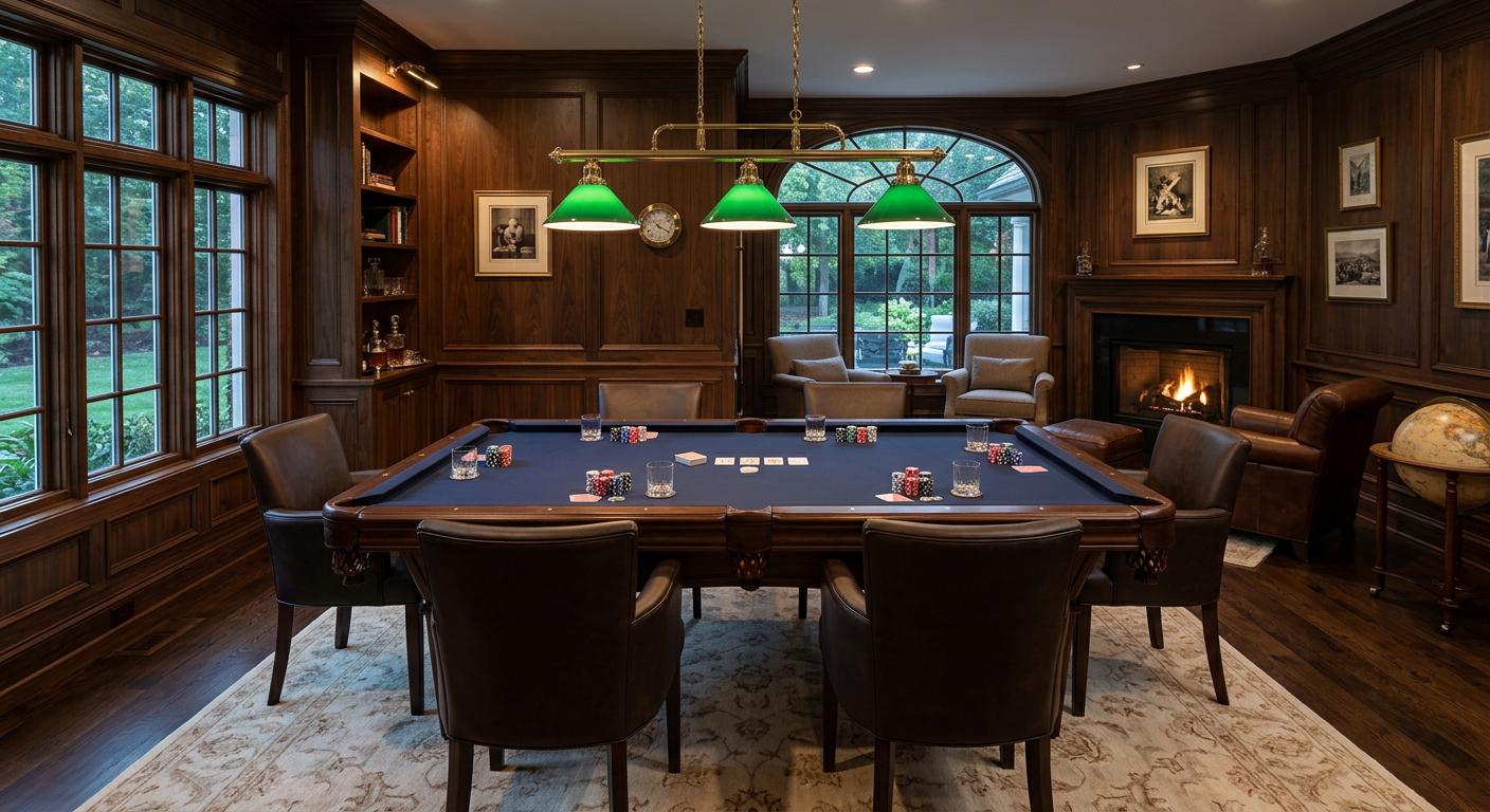 Pool Table With Removable Neoprene Poker Overlay Benefits Explained | Luxury Custom Pool Tables | Brilliant Billiards Photorealistic wide-angle luxury game room photograph with one rectangular six-pocket pool table set up for poker using a ...
