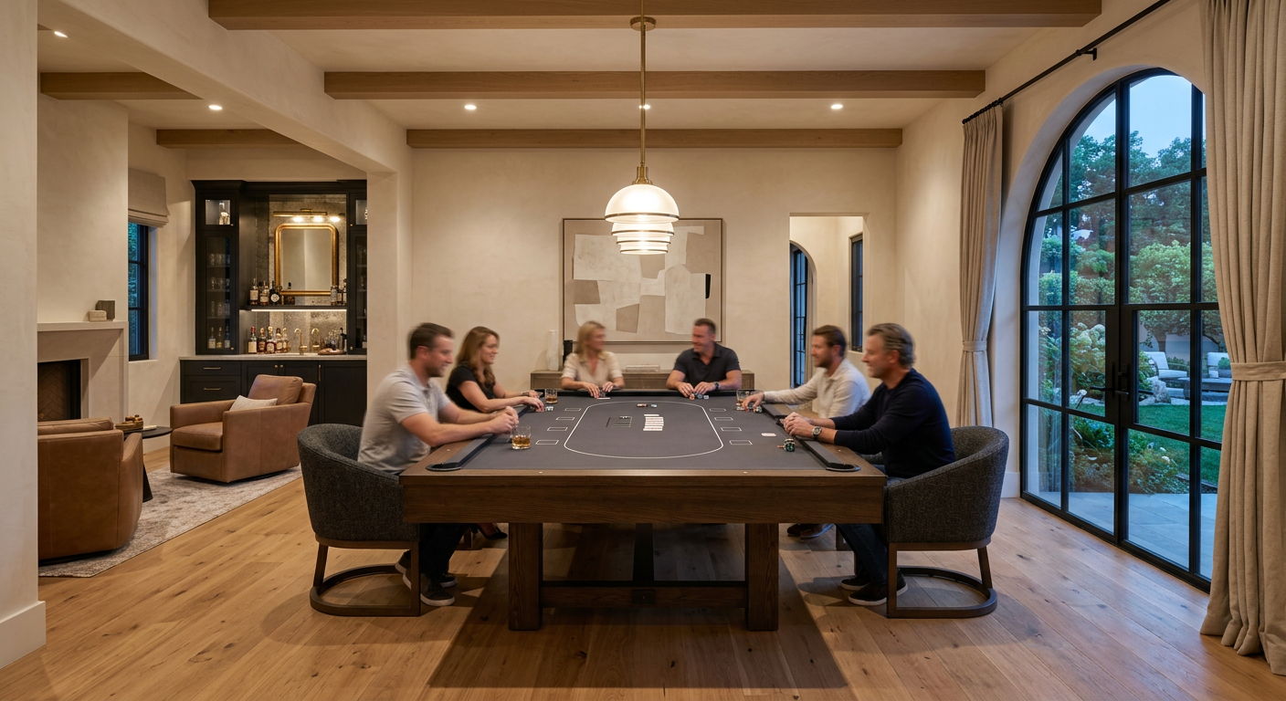 Convertible Pool Table Poker Table: How to Choose the Right One | Luxury Custom Pool Tables | Brilliant Billiards Photorealistic architectural interior photograph showing a luxury game room from a slightly elevated wide angle, one recta...