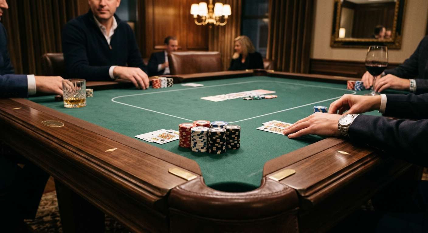 Luxury Poker Pool Table for Private Clubs: Complete Design Guide | Luxury Custom Pool Tables | Brilliant Billiards Photorealistic close-up interior photograph of a rectangular luxury six-pocket pool table during an upscale private club p...