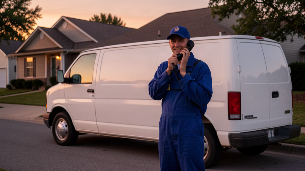 A calm professional tradesperson in work clothes answering a ringing smartphone beside their work van at dusk, ready to respond to an urgent call, no text on screen