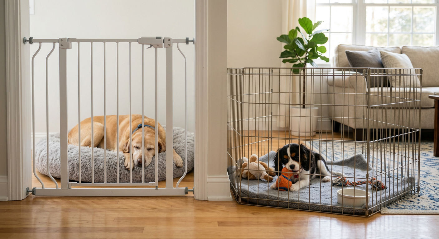 Warm photorealistic home scene of a relaxed older dog resting on a plush bed behind a white baby gate while a puppy happil...