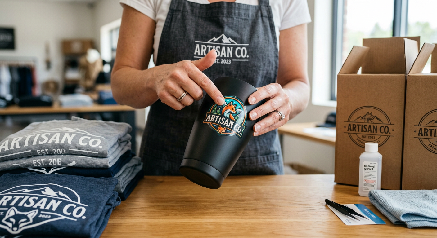 Photorealistic close-up of an entrepreneur carefully applying a vivid UV DTF logo decal to a matte black tumbler beside fo...