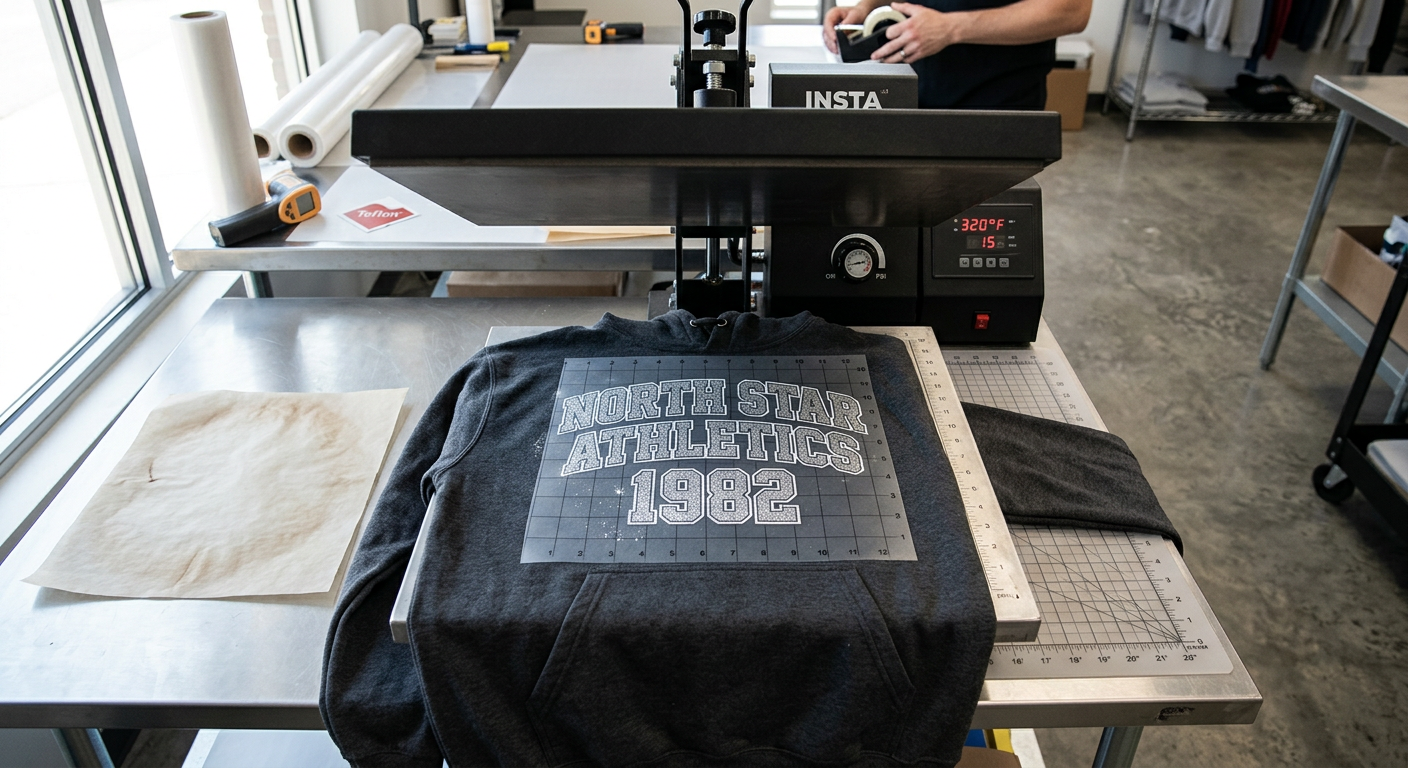 Photorealistic overhead view of a glitter DTF transfer centered on a pre-pressed charcoal hoodie beneath an open commercia...